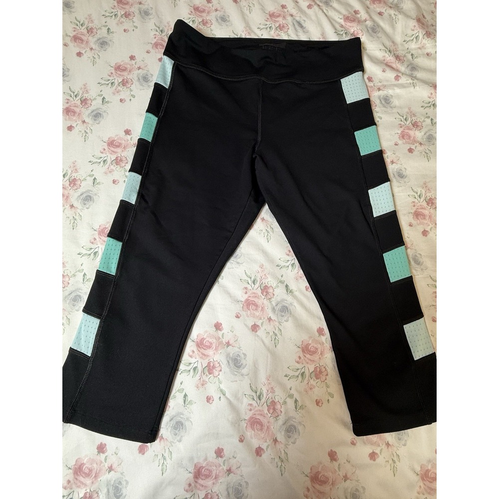 Forever 21 Women's Leggings L‎ Black Teal Colorblock Cropped Athletic Pants